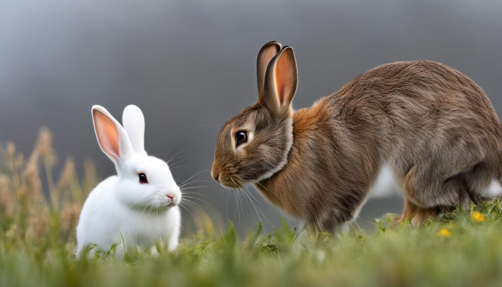 large brown rabbit looking at a small white rabbit